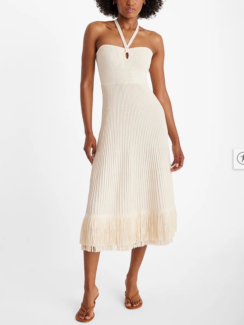 Express Cream Strapless Knit Fringe Midi Dress
